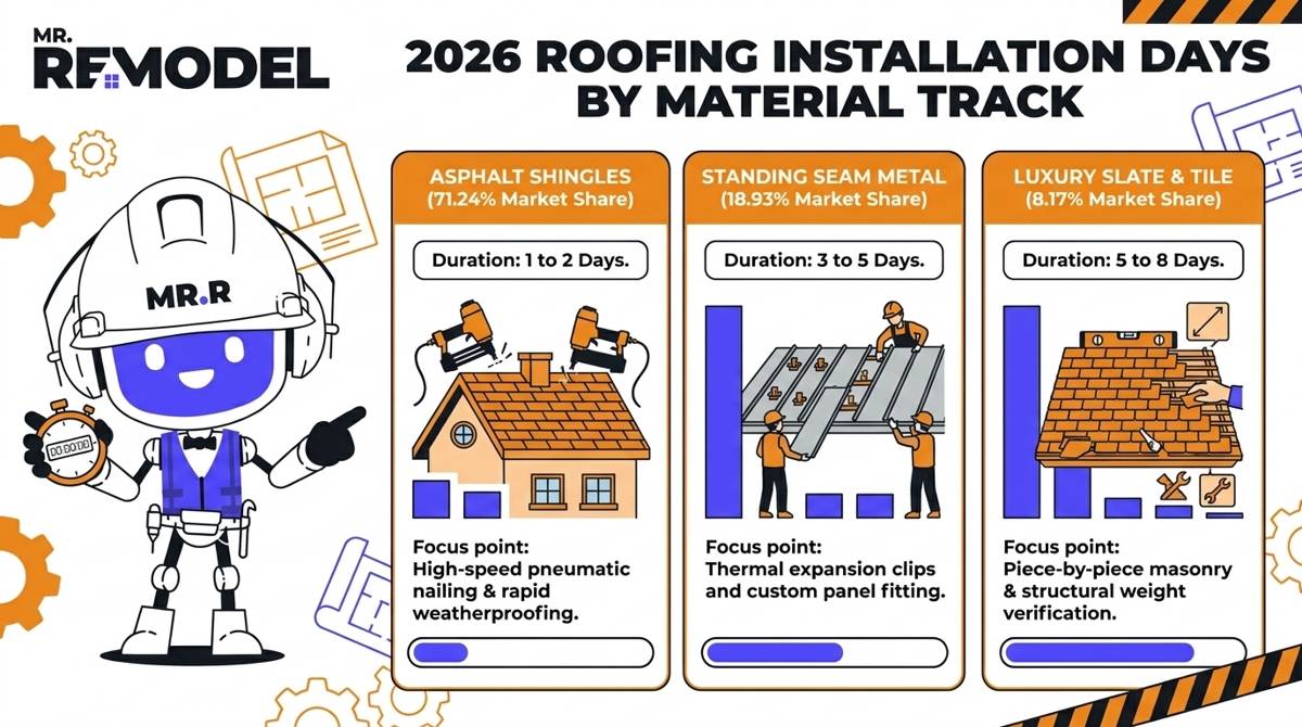 A technical summary infographic for 2026 roofing installation speeds, comparing the 1-day asphalt shingle track against the 5-day metal and 8-day slate installation timelines.